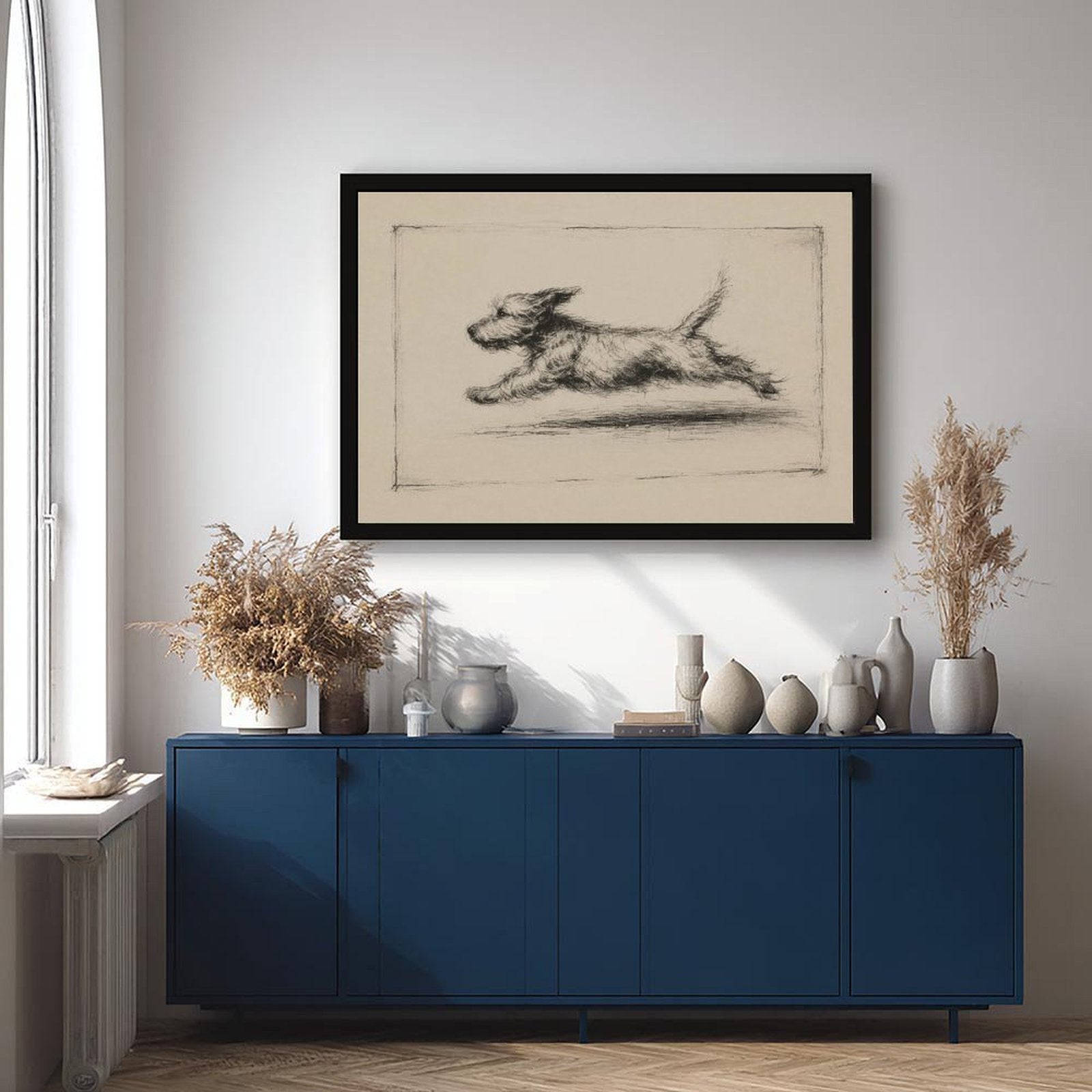 Charcoal sketch of a shaggy dog running across a warm cream background — Black Frame SCENE_01