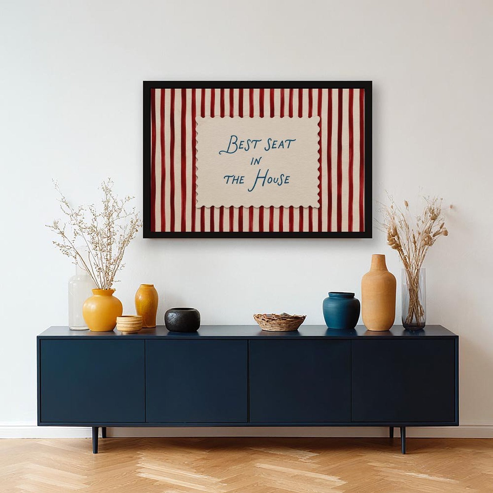 blue handwritten phrase on red striped background in red, cream, blue tones — Black Frame SCENE_02