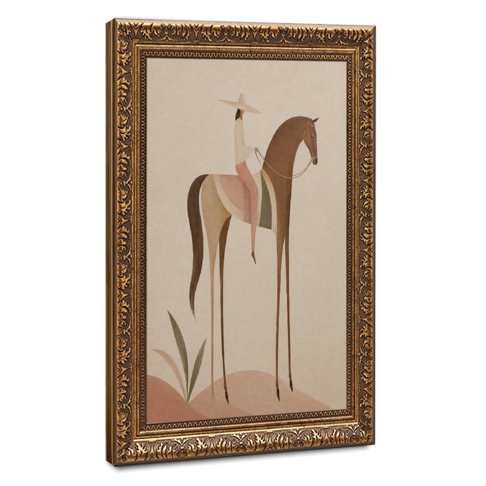 Soft Blush Long Horse canvas wall art featuring a graceful long-limbed horse in soft blush pink, warm beige, muted cream tones, displayed in the Vintage Pattern Gold Frame style