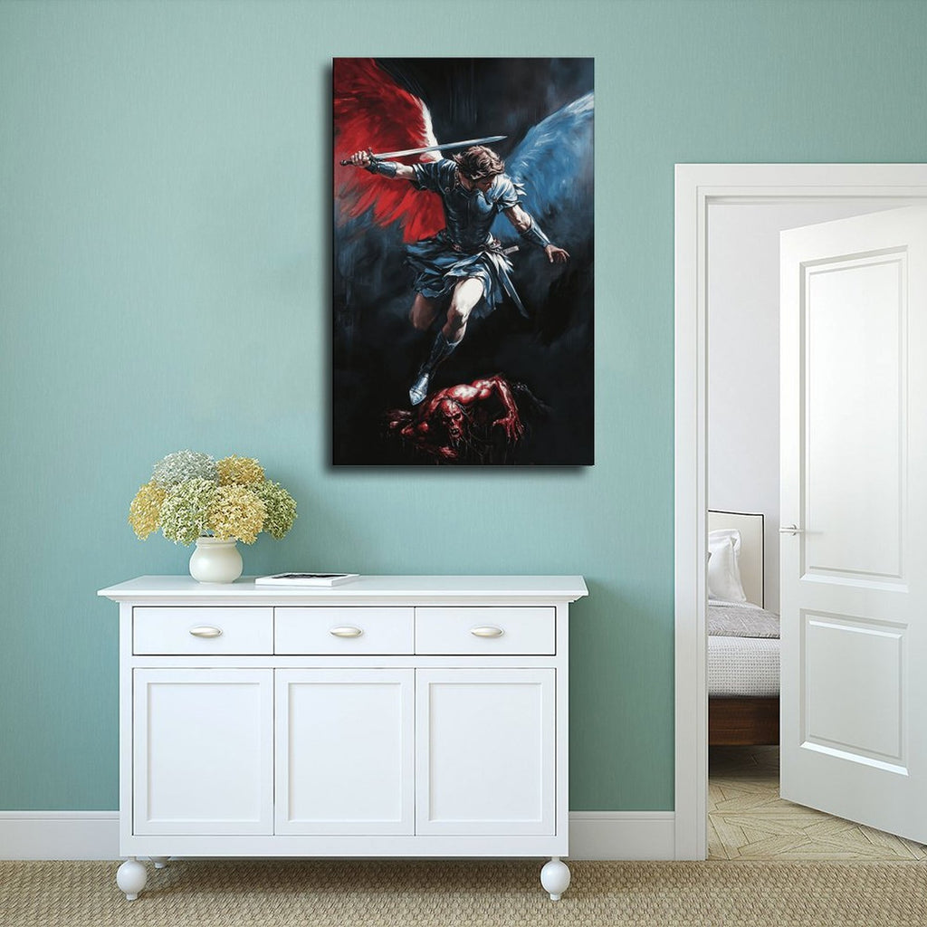 winged archangel warrior battling a red dragon in religious fantasy art style — Wrapped Canvas SCENE_02