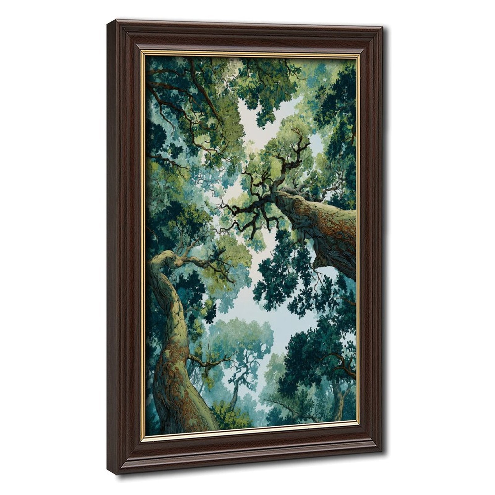 towering forest canopy viewed upward between large trees in deep green, teal, cream tones — Wood Grain Gold Frame HERO