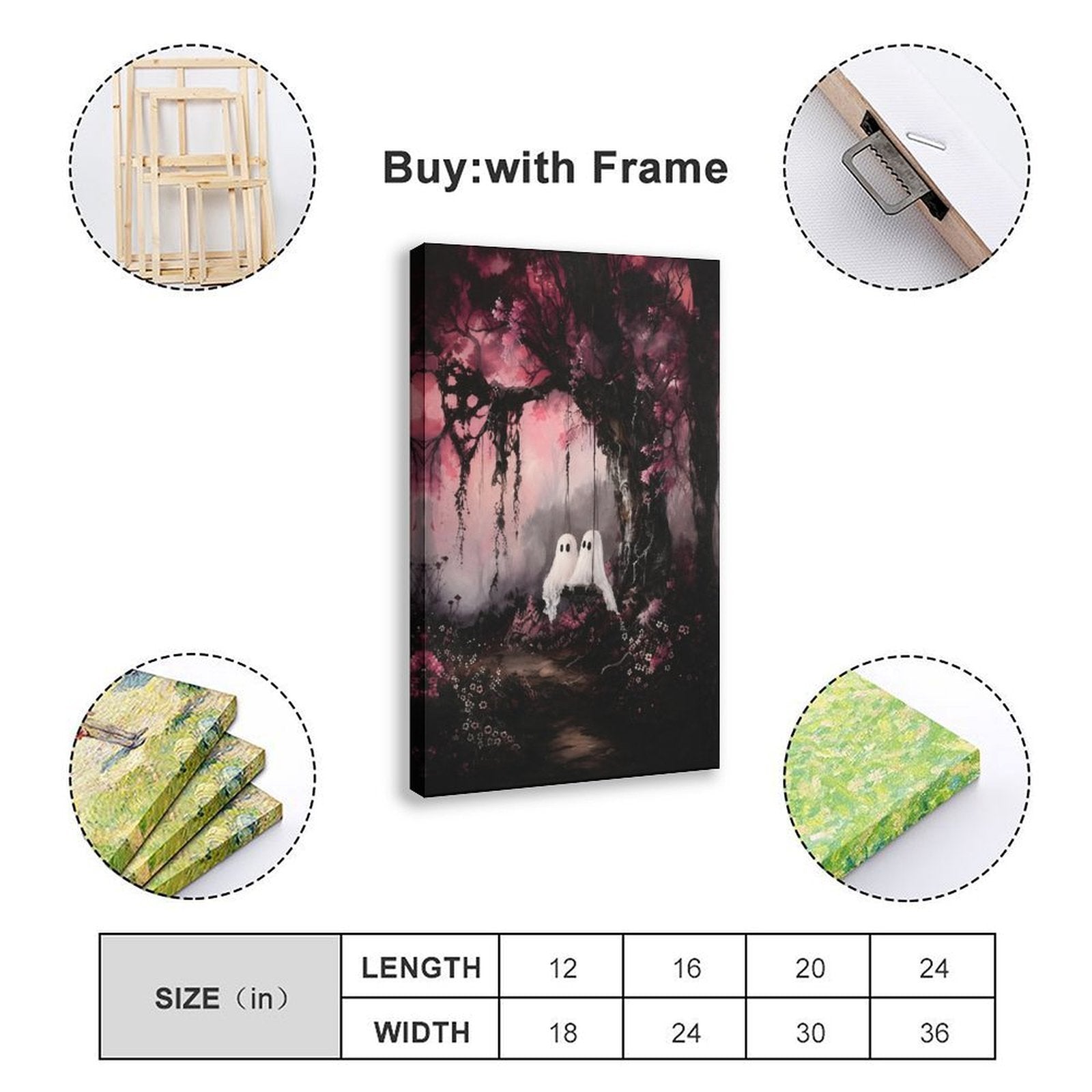 two small sheet ghosts in an enchanted pink forest in magenta, black, soft pink tones — Wrapped Canvas SIZE_GUIDE