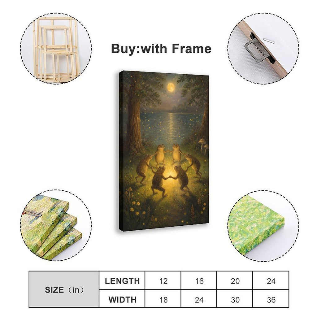 four frogs dancing around a glowing light by a moonlit pond in deep green, golden yellow, moonlit blue tones — Wrapped Canvas SIZE_GUIDE