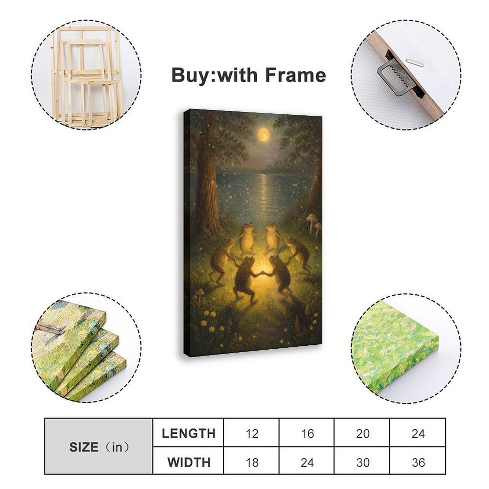 four frogs dancing around a glowing light by a moonlit pond in deep green, golden yellow, moonlit blue tones — Wrapped Canvas SIZE_GUIDE