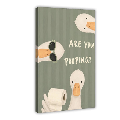 three white ducks surrounding bathroom humor typography in sage green, white, orange tones — Wrapped Canvas HERO