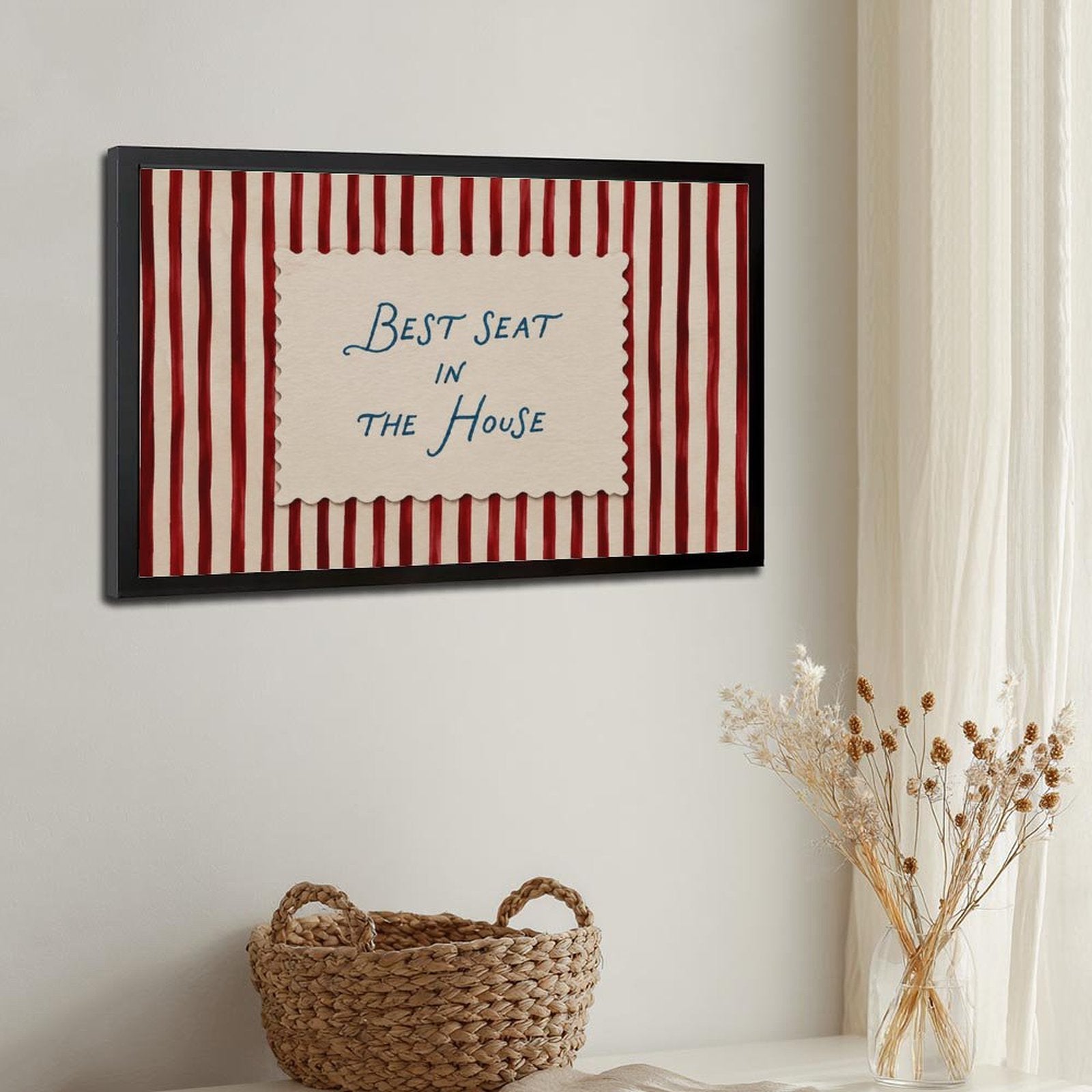 blue handwritten phrase on red striped background in red, cream, blue tones — Black Frame SIDE_DETAIL