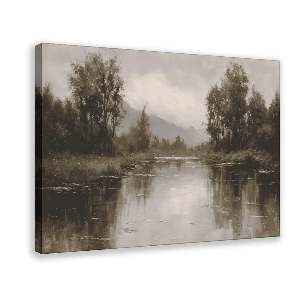 quiet river bend with tree-lined banks in landscape painting style — Wrapped Canvas HERO