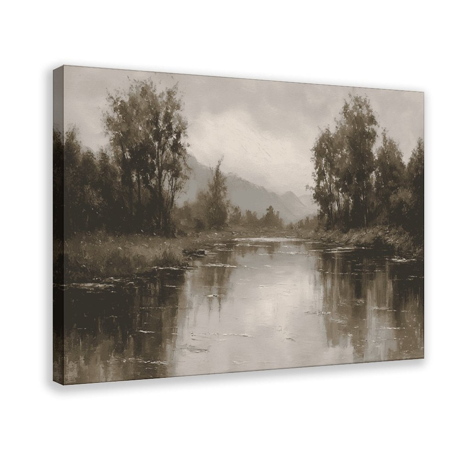 quiet river bend with tree-lined banks in landscape painting style — Wrapped Canvas HERO