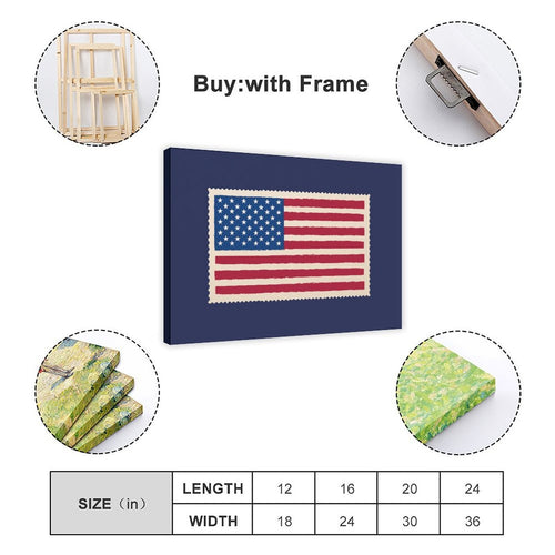 American flag motif on a navy blue field in graphic poster art style — Wrapped Canvas SIZE_GUIDE