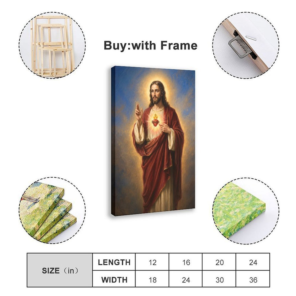 haloed sacred figure displaying a radiant heart symbol in red, cream, gold tones — Wrapped Canvas SIZE_GUIDE