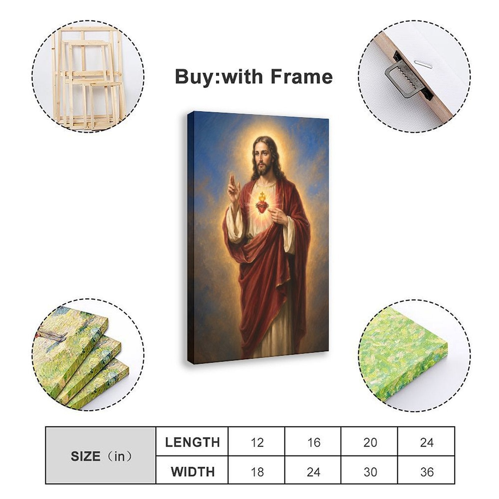 haloed sacred figure displaying a radiant heart symbol in red, cream, gold tones — Wrapped Canvas SIZE_GUIDE