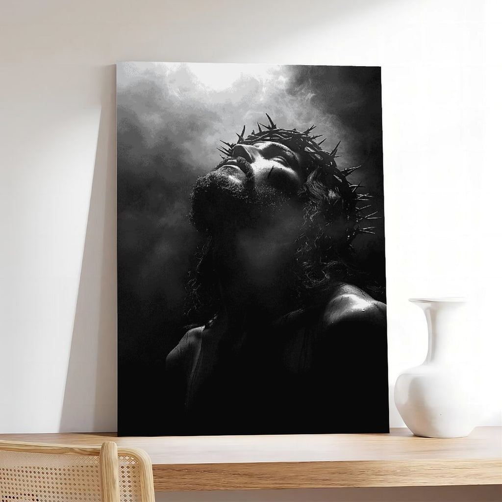 solemn man wearing a crown of thorns in prayer in religious portrait art style — Wrapped Canvas SCENE_05