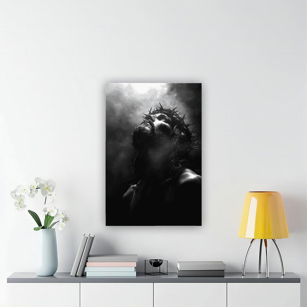 solemn man wearing a crown of thorns in prayer in religious portrait art style — Wrapped Canvas SCENE_04