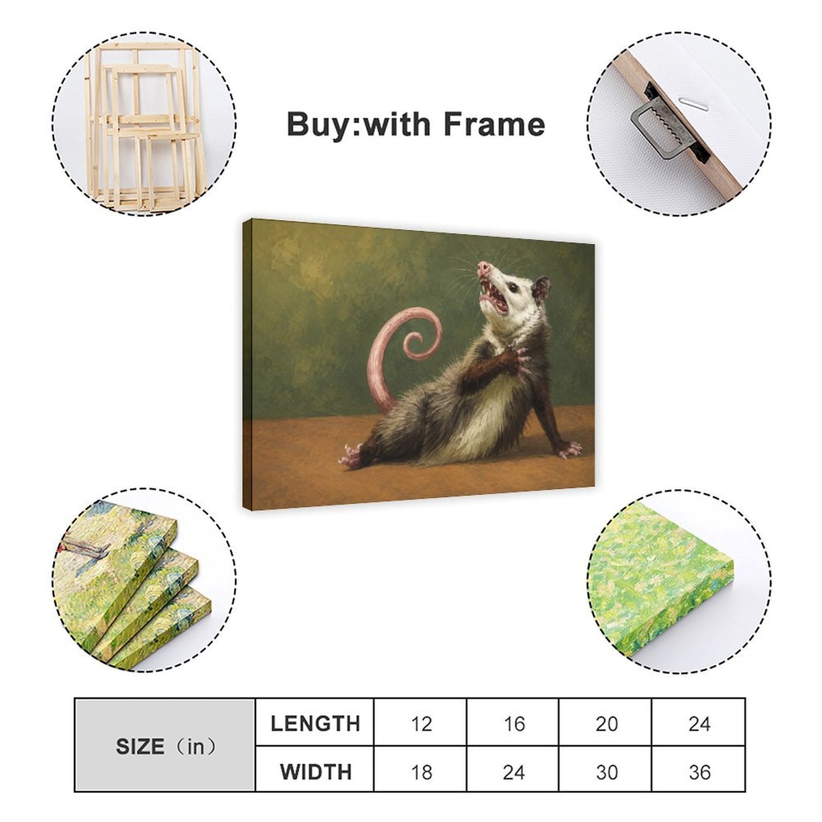 hissing opossum with a curled pink tail in olive green, brown, cream tones — Wrapped Canvas SIZE_GUIDE