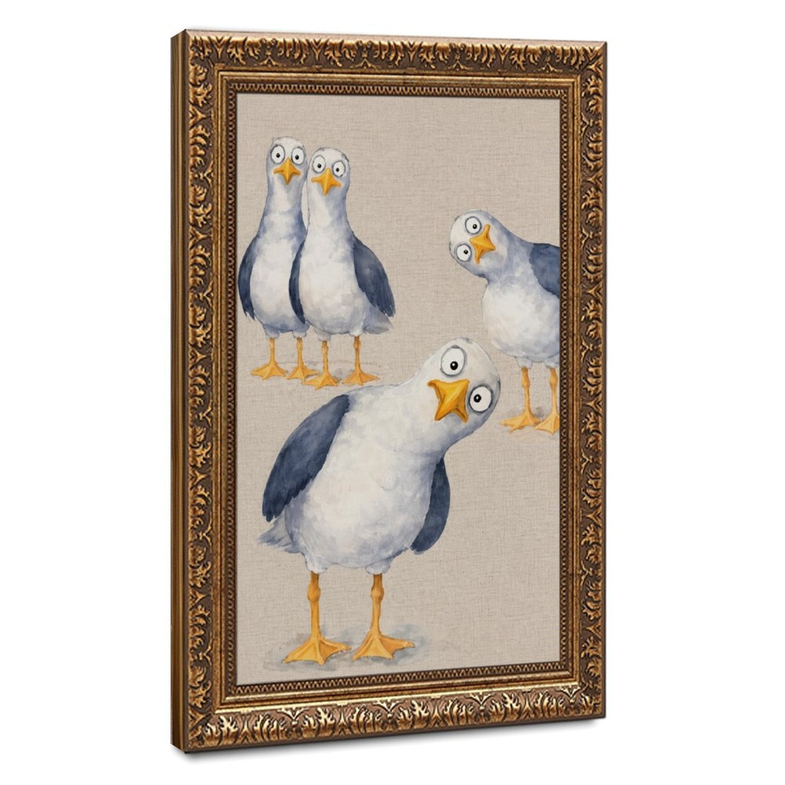 group of quirky seagulls with expressive poses in white, slate blue, yellow tones — Vintage Gold Frame HERO