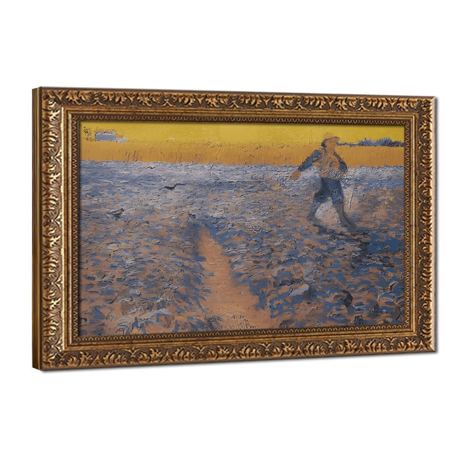 solitary person walking through a blue and gold field in expressive landscape painting style — Vintage Gold Frame HERO