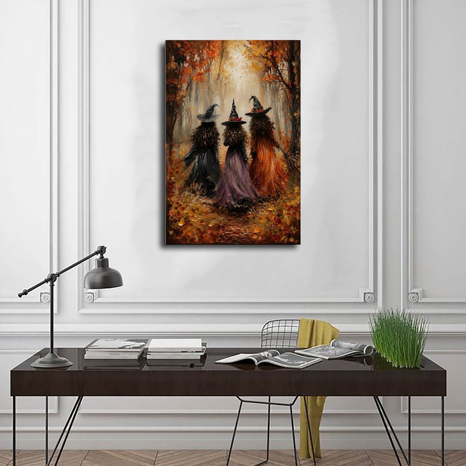 three witches walking through an autumn forest in orange, black, purple tones — Wrapped Canvas SCENE_01