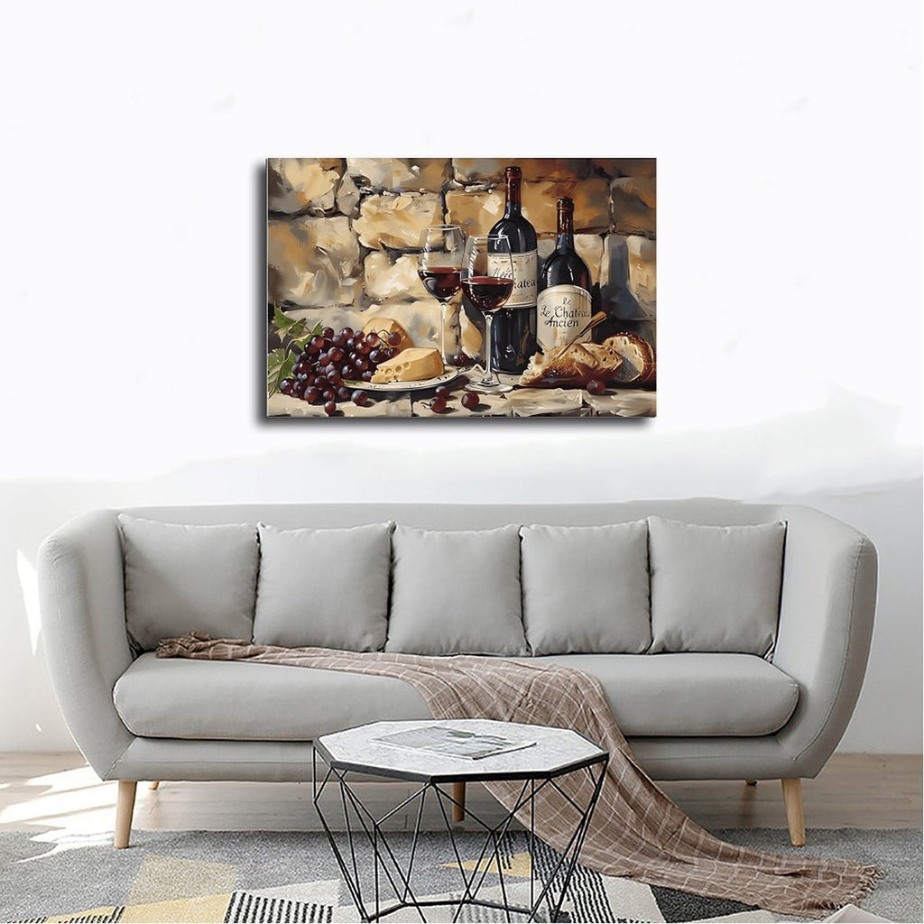 wine bottles, glasses, grapes, cheese, and bread in painterly still life style — Wrapped Canvas SCENE_02