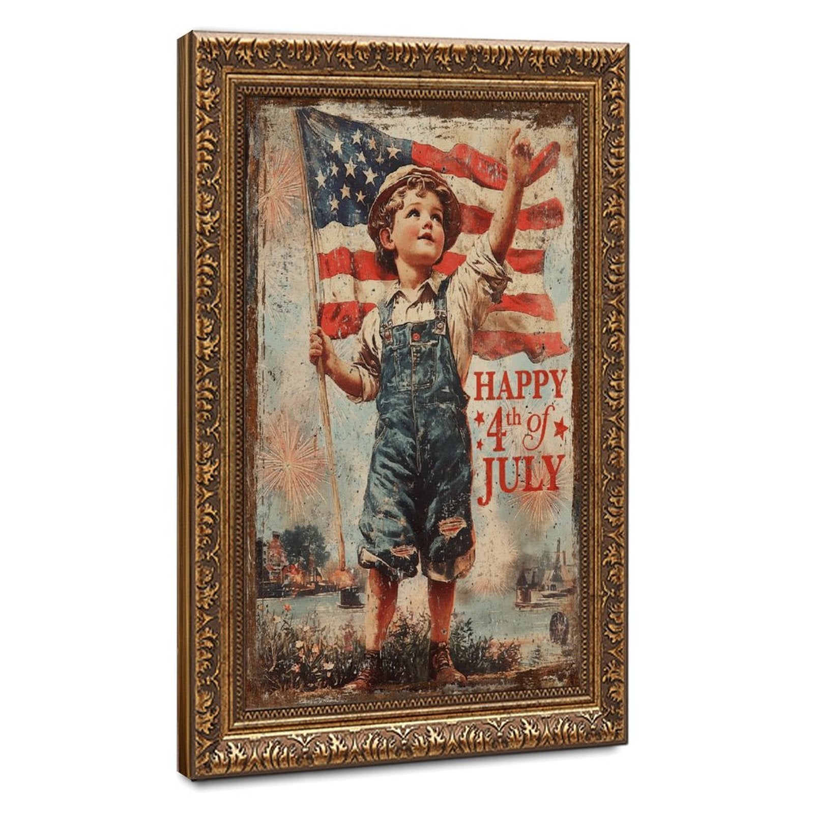 vintage patriotic boy holding an American flag in vintage illustration style — Vintage Gold Frame HERO