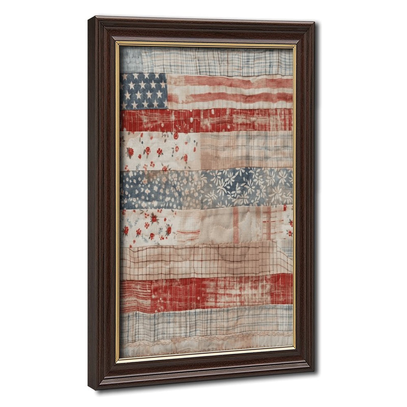 patchwork American flag in folk art style — Wood Grain Gold Frame HERO