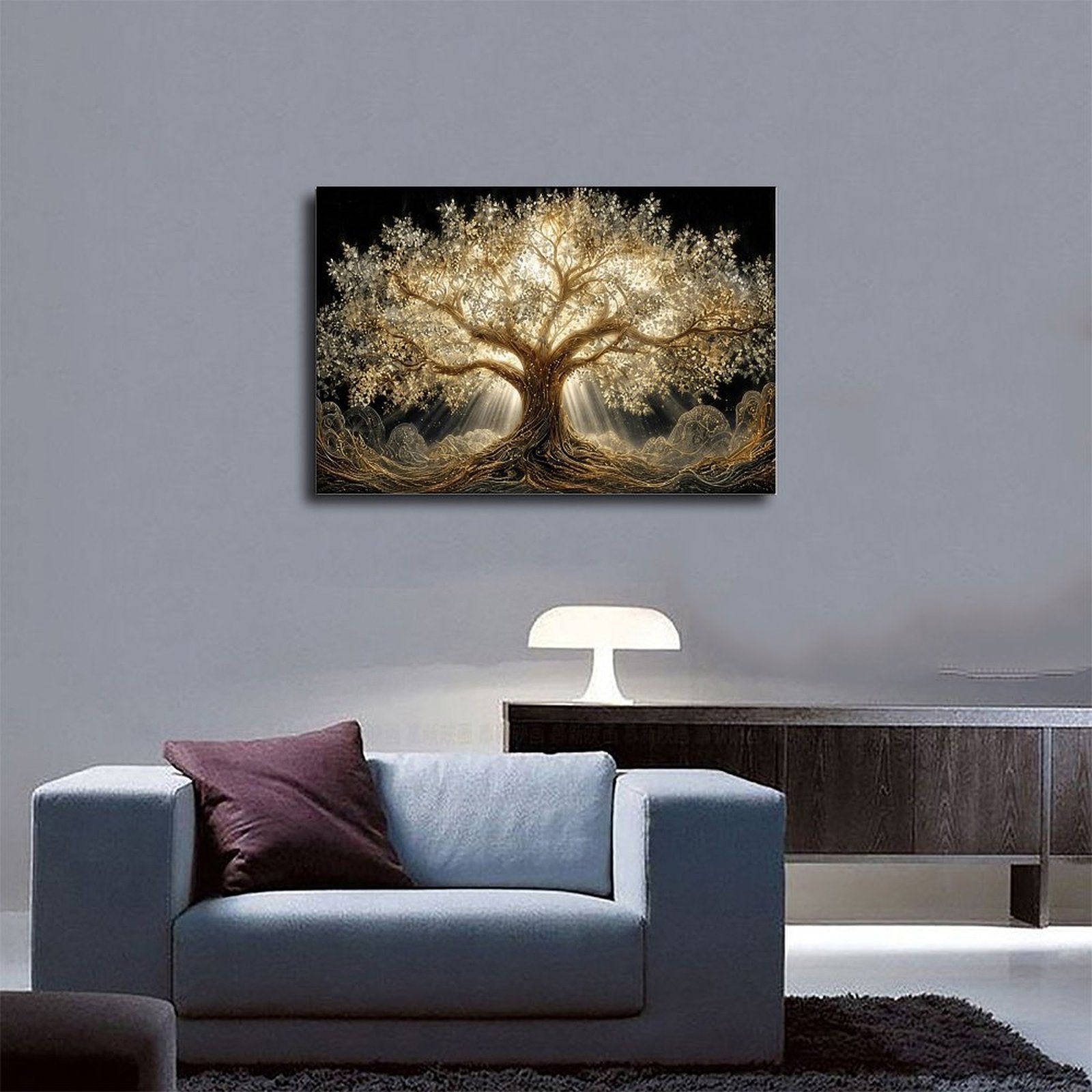 luminous golden tree with sprawling roots and branches in gold, black, warm white tones — Wrapped Canvas SCENE_03
