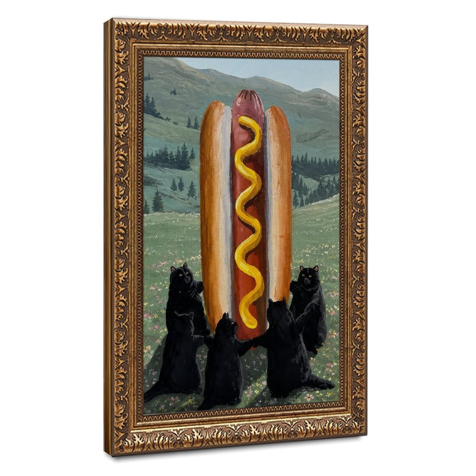 three black bears presenting a giant hot dog in a mountain meadow in green, black, red tones — Vintage Gold Frame HERO