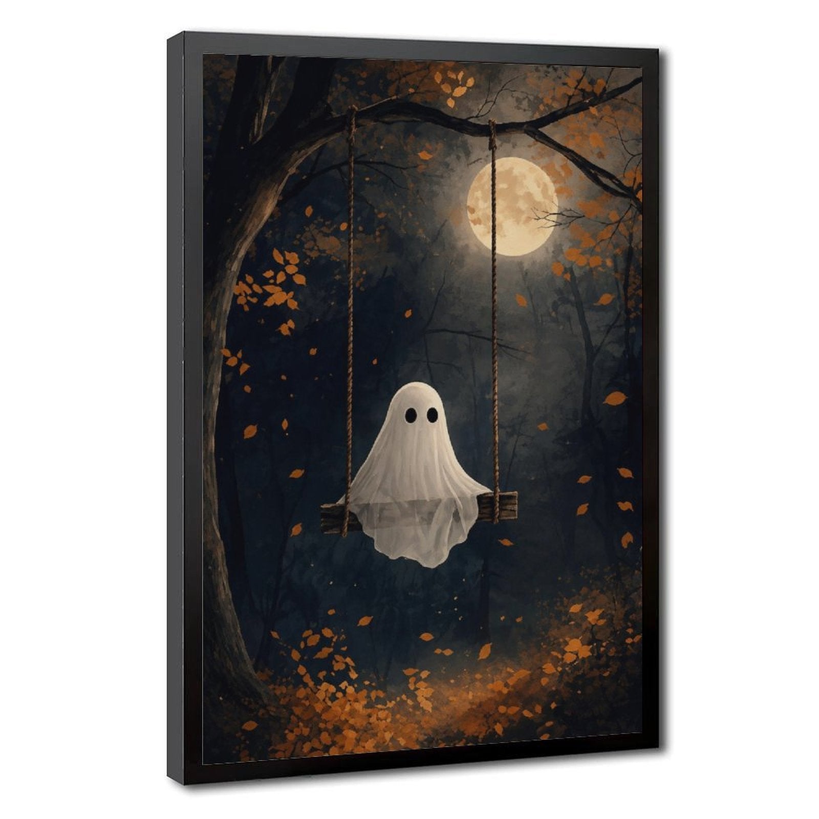 sheet ghost sitting on a swing beneath a full moon in navy blue, orange, white tones — Black Frame HERO
