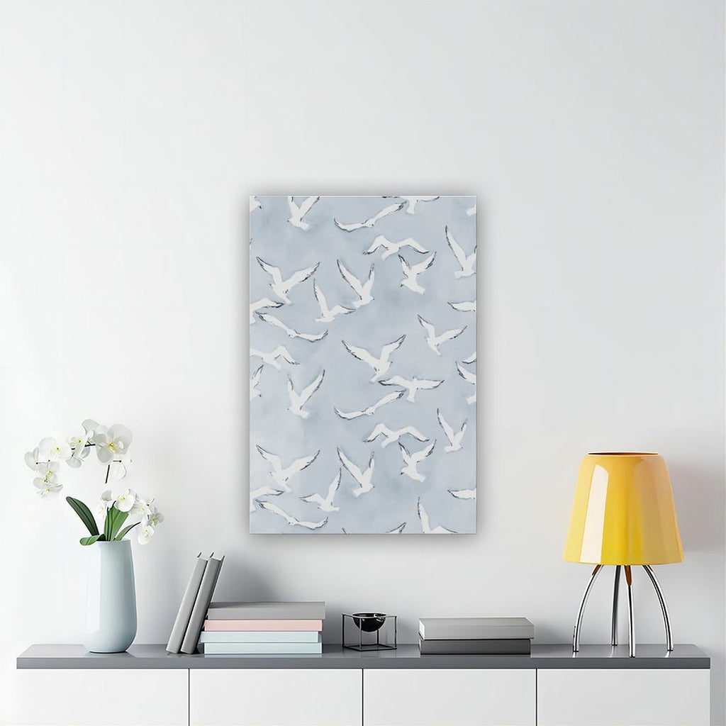 flock of white birds in flight in minimalist animal art style — Wrapped Canvas SCENE_04