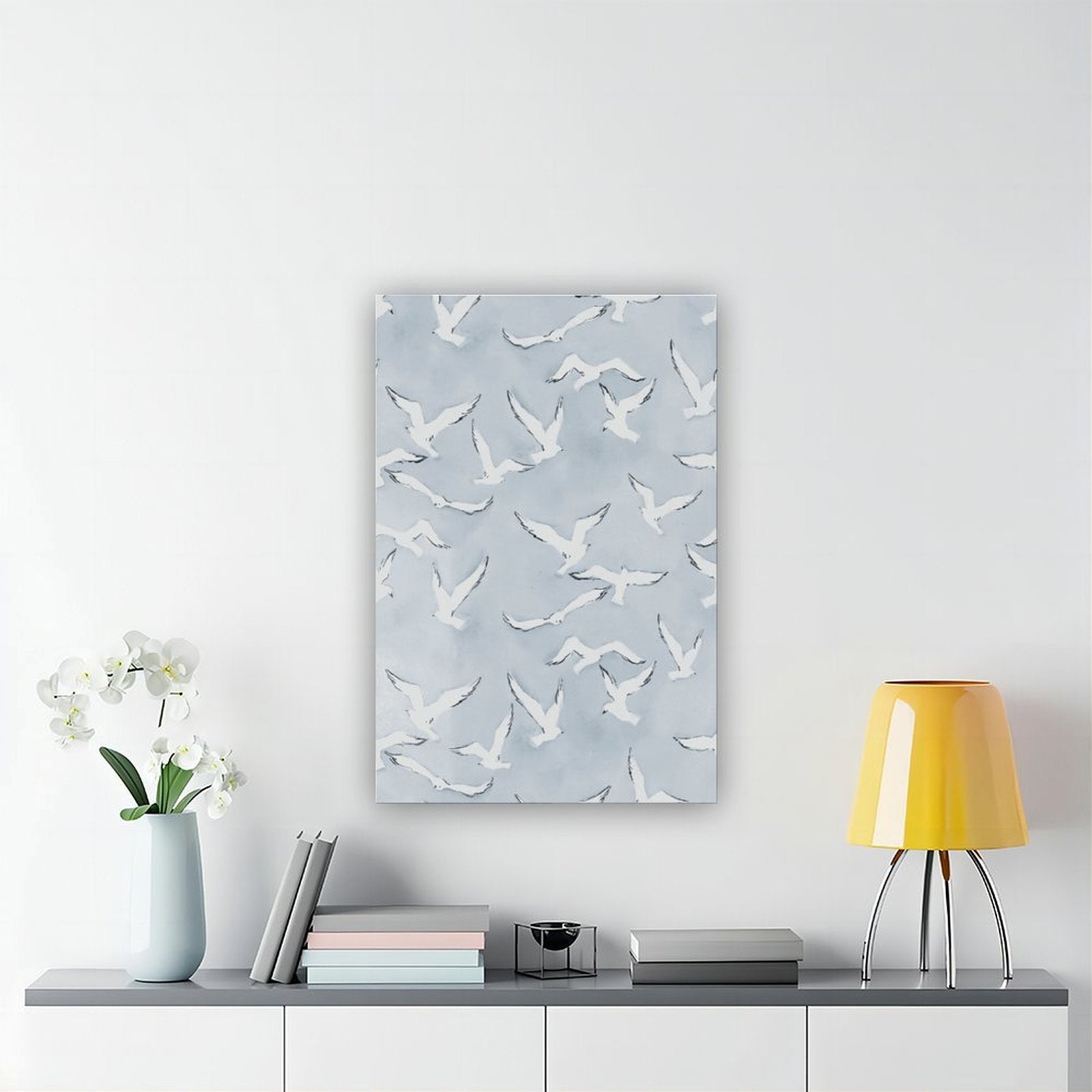 flock of white birds in flight in minimalist animal art style — Wrapped Canvas SCENE_04