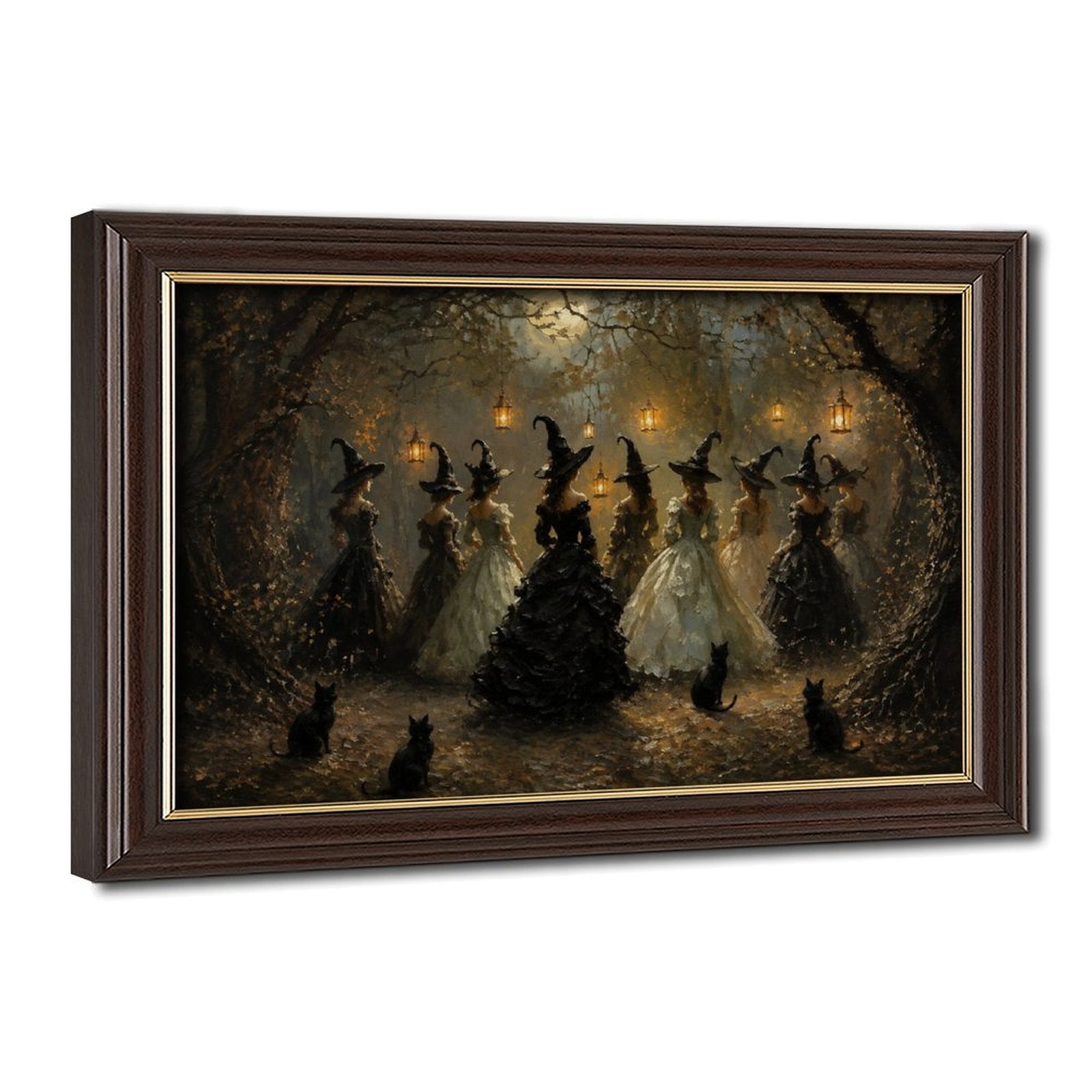 group of witches dancing in a moonlit woodland gathering in black, cream, gold tones — Wood Grain Gold Frame HERO