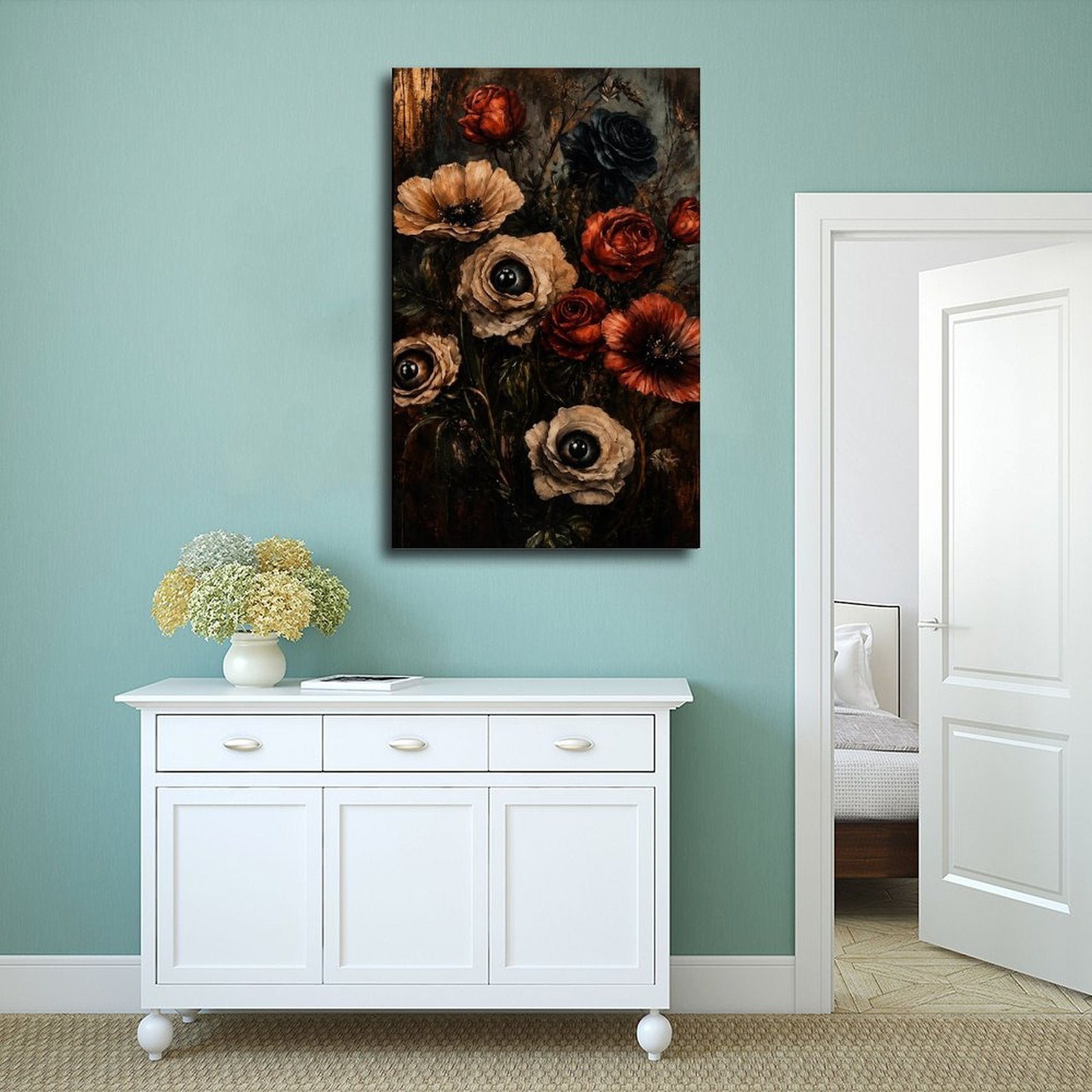dark floral bouquet with realistic eyes in flower centers in black, deep red, taupe tones — Wrapped Canvas SCENE_02