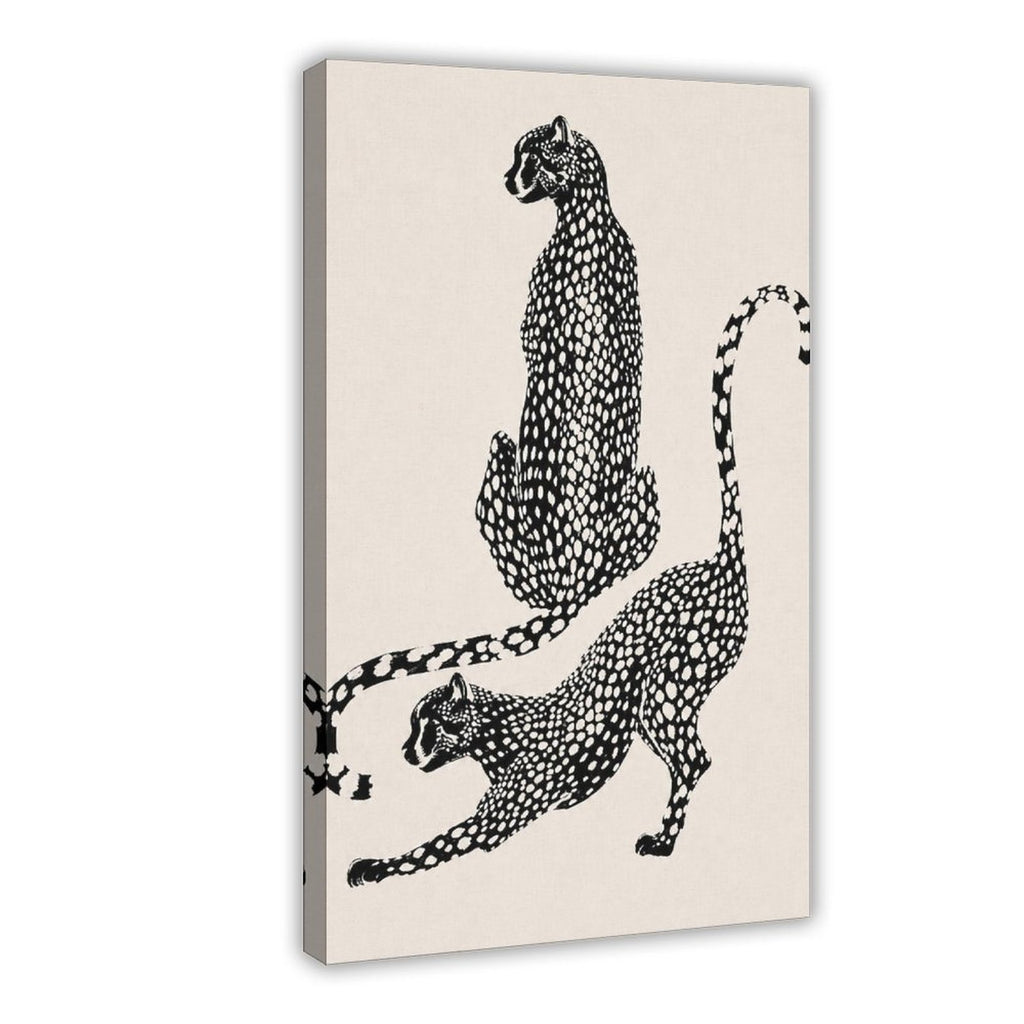 two spotted big cats in contrasting poses in black, warm cream tones — Wrapped Canvas HERO