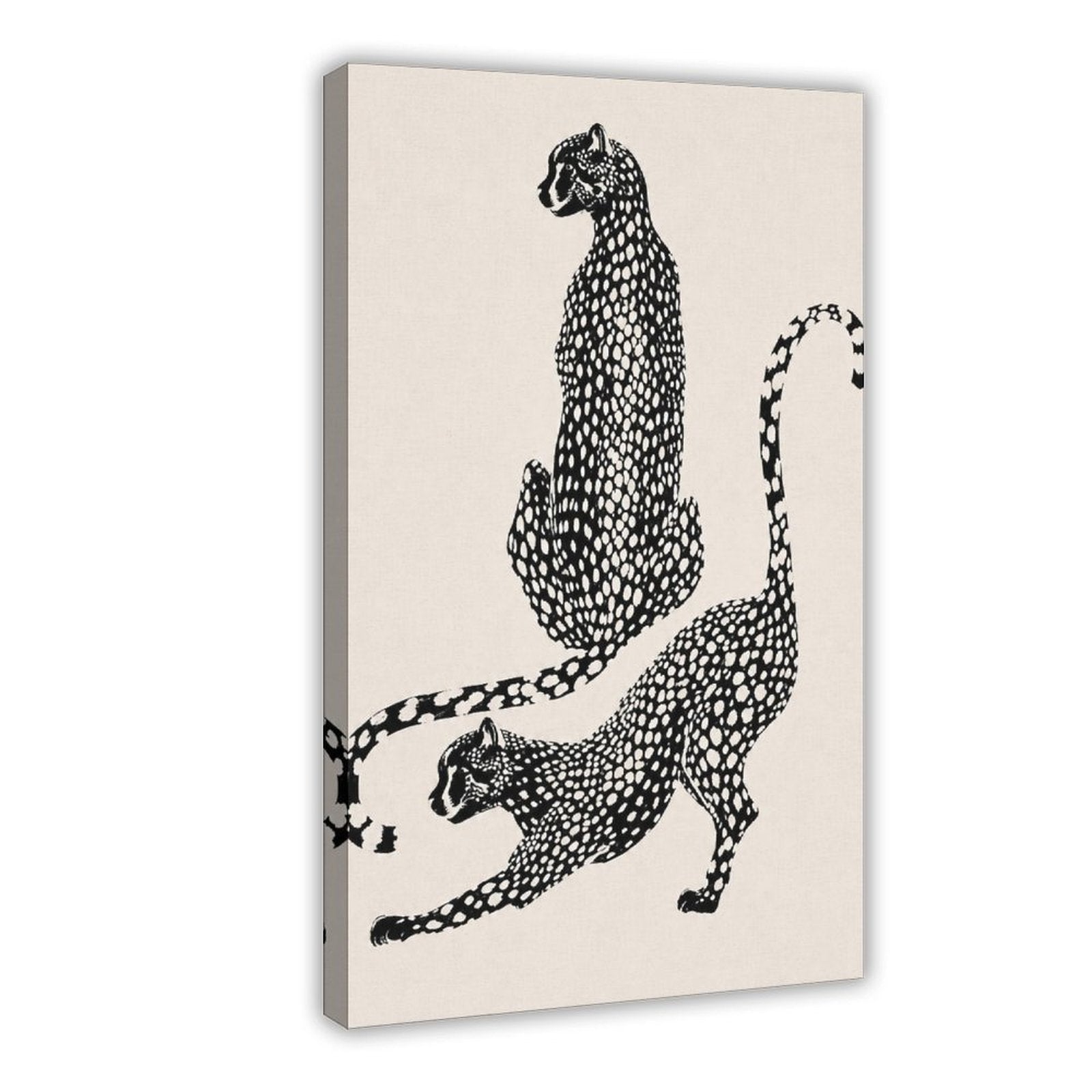 two spotted big cats in contrasting poses in black, warm cream tones — Wrapped Canvas HERO