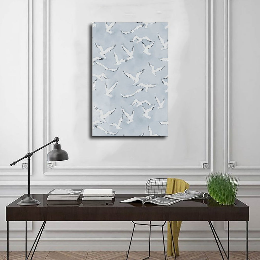 flock of white birds in flight in minimalist animal art style — Wrapped Canvas SCENE_01