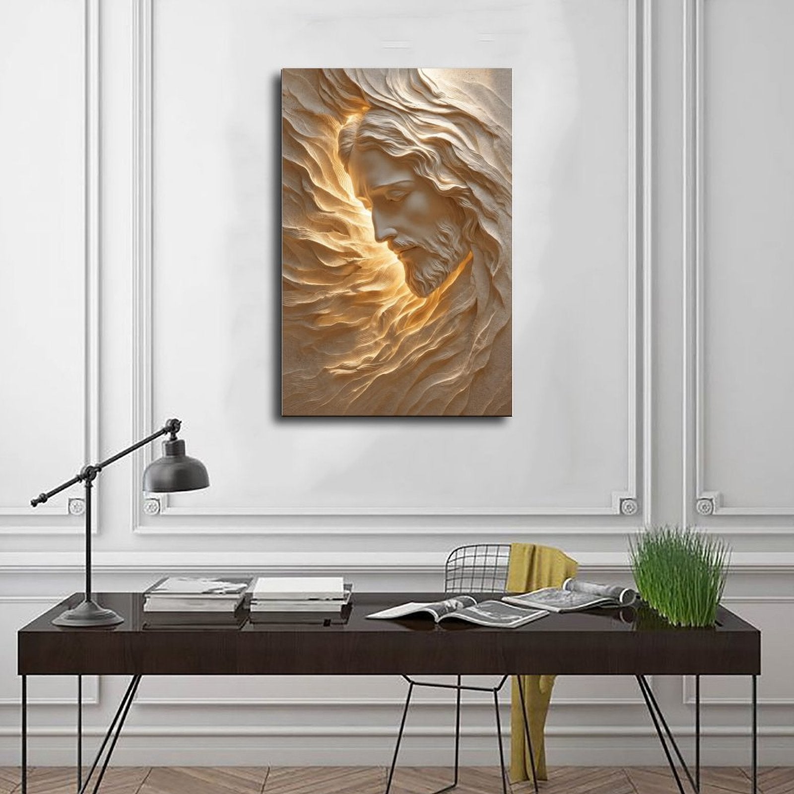 serene bearded sacred figure emerging from flowing stone-like forms in cream, sand, warm gold tones — Wrapped Canvas SCENE_01