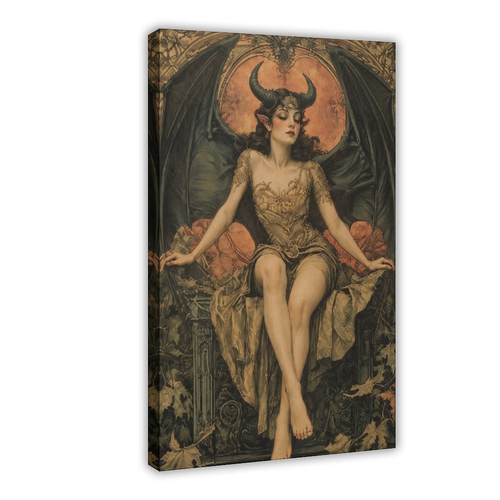 horned winged woman seated before a glowing moon in brown, black, burnt orange tones — Wrapped Canvas HERO