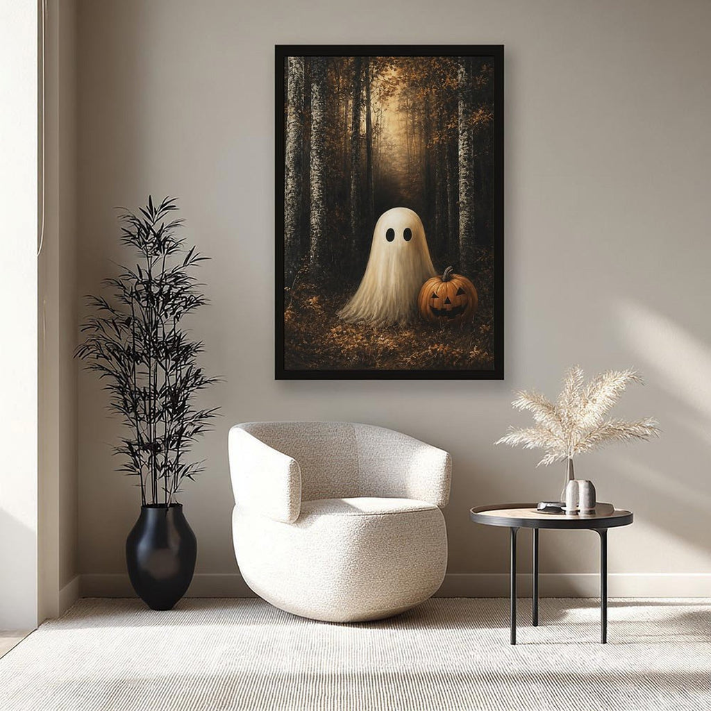 sheet ghost beside a carved pumpkin in an autumn forest in black, amber, cream tones — Black Frame SCENE_05