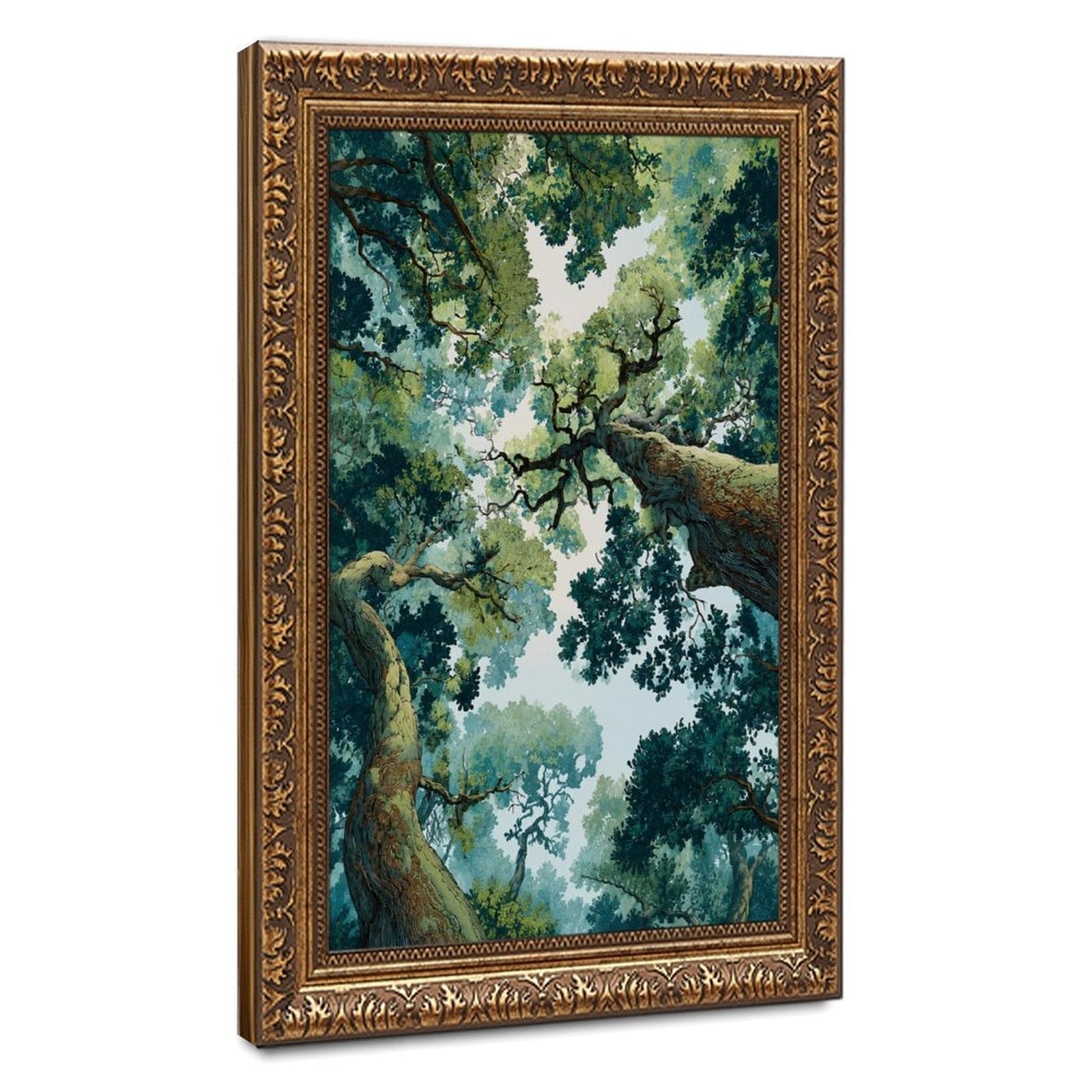 towering forest canopy viewed upward between large trees in deep green, teal, cream tones — Vintage Gold Frame HERO