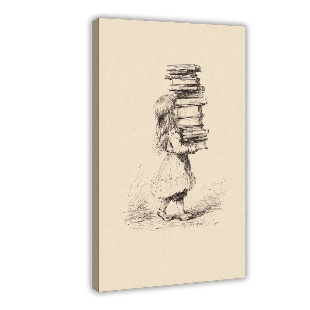 small figure carrying a tall stack of books in black, warm cream tones — Wrapped Canvas HERO