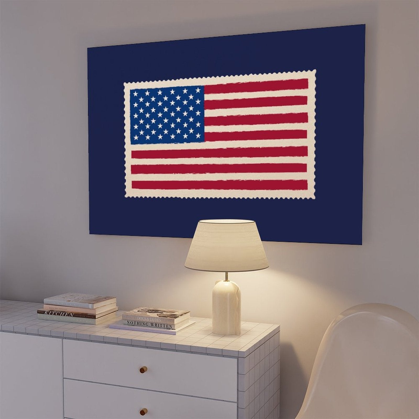 American flag motif on a navy blue field in graphic poster art style — Wrapped Canvas SCENE_05