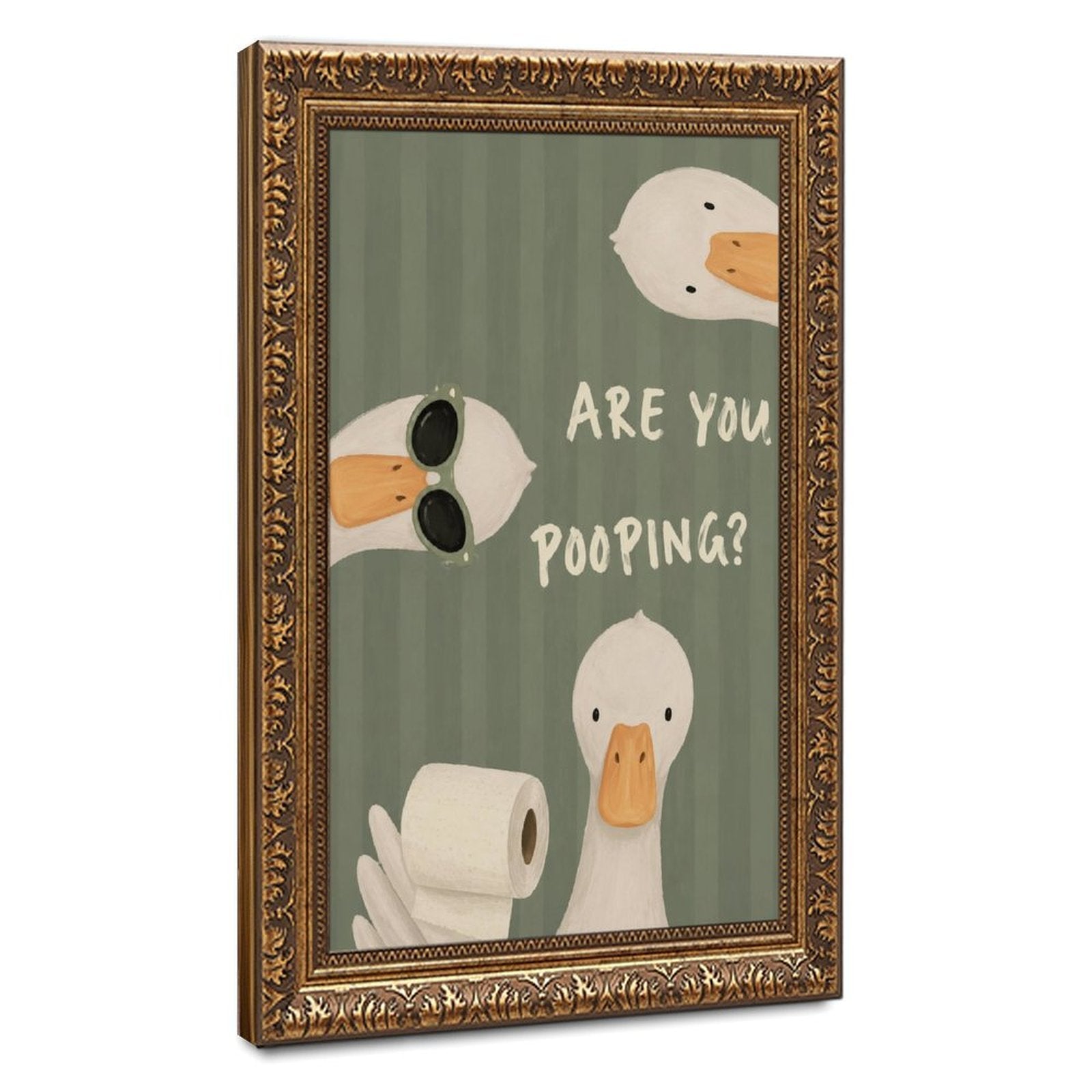 three white ducks surrounding bathroom humor typography in sage green, white, orange tones — Vintage Gold Frame HERO