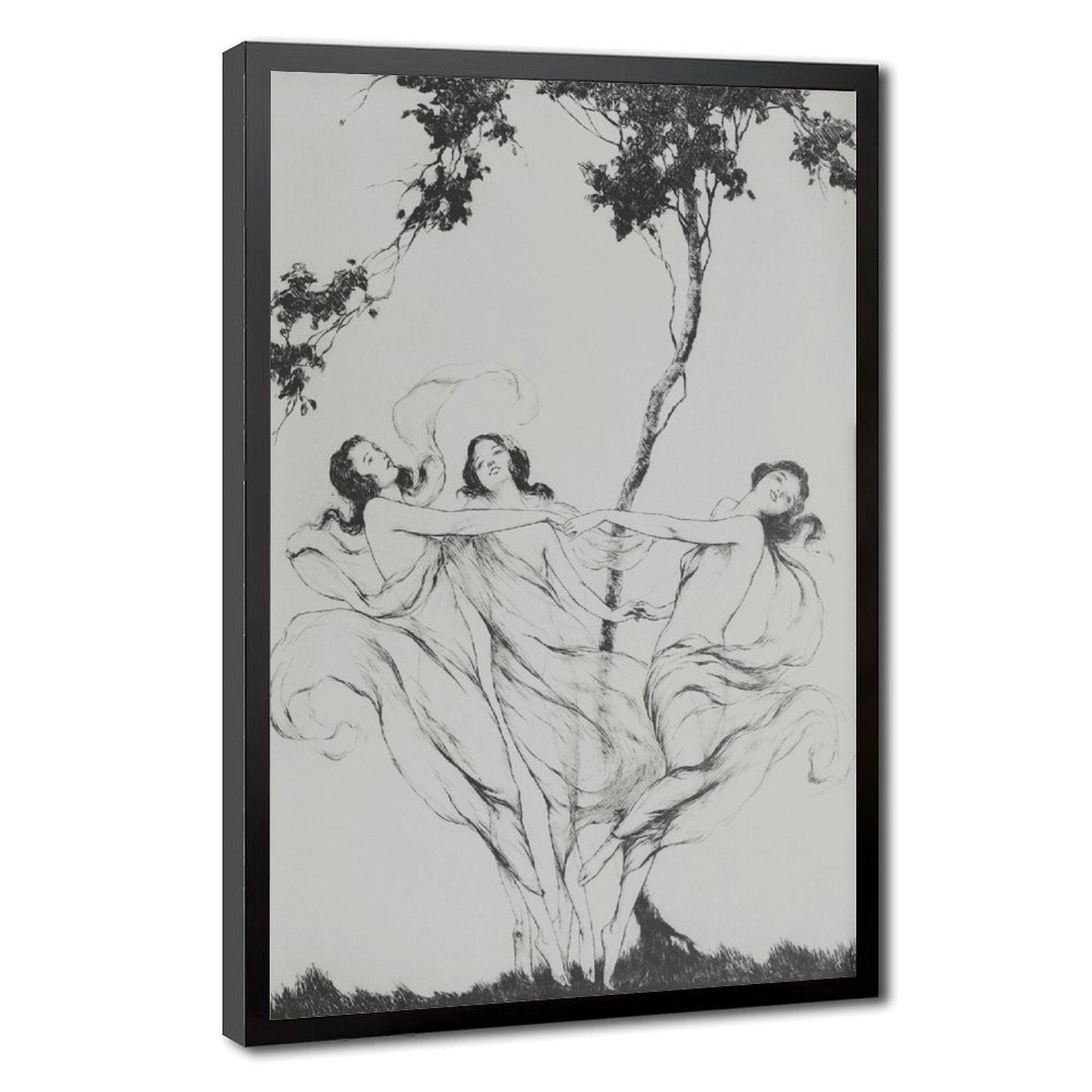 classical human figures beneath trees in classical line art style — Black Frame HERO