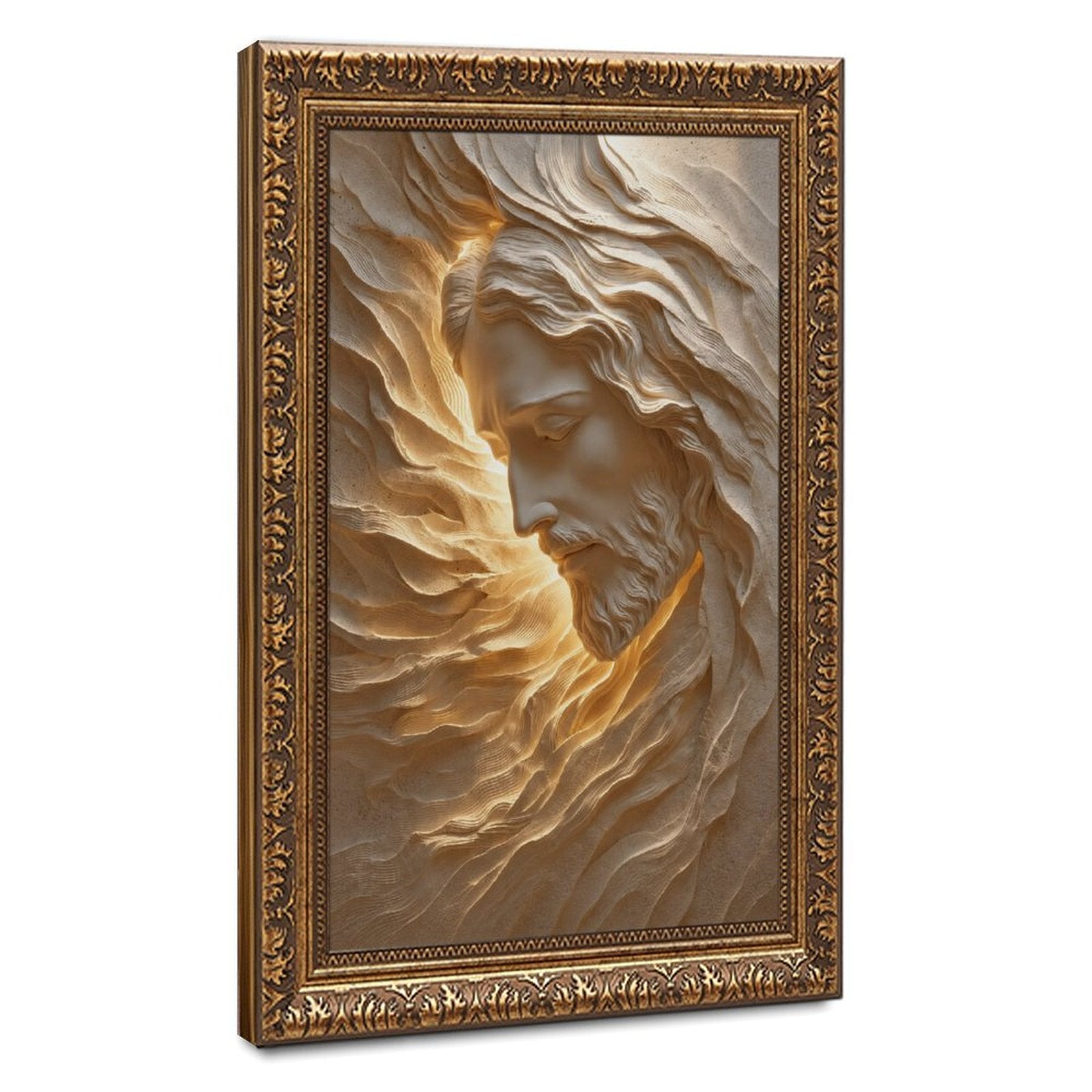 serene bearded sacred figure emerging from flowing stone-like forms in cream, sand, warm gold tones — Vintage Gold Frame HERO