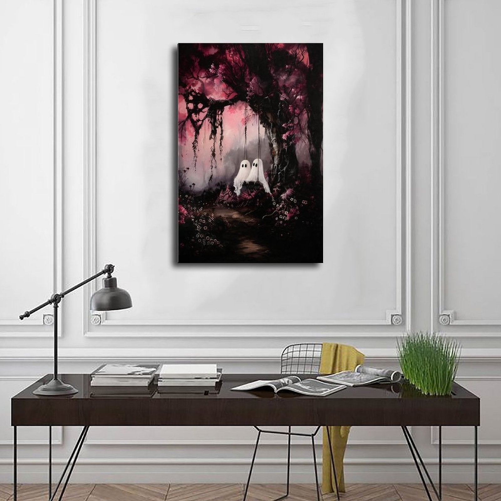two small sheet ghosts in an enchanted pink forest in magenta, black, soft pink tones — Wrapped Canvas SCENE_01