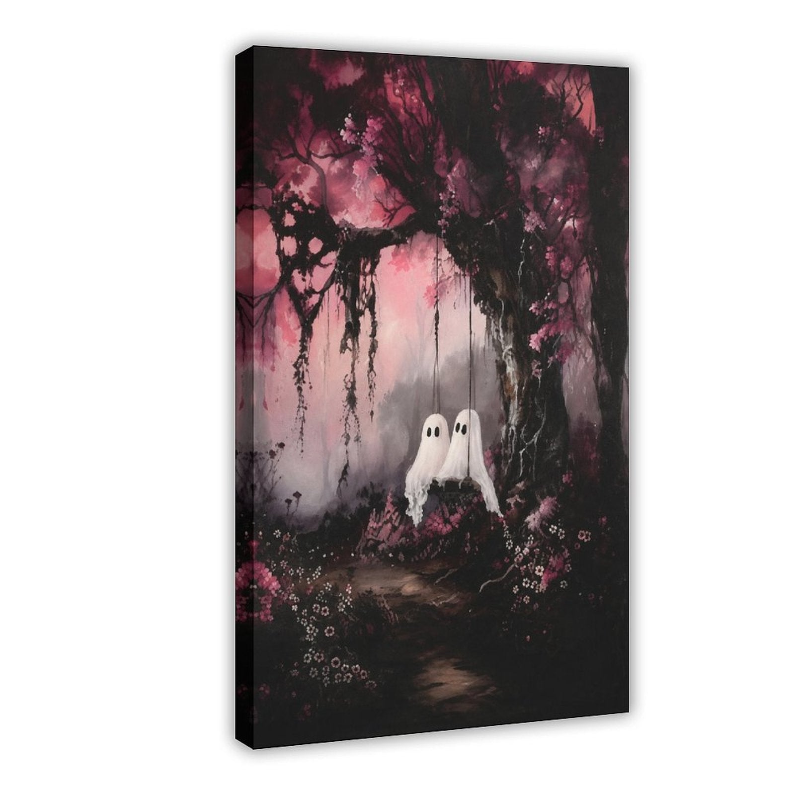 two small sheet ghosts in an enchanted pink forest in magenta, black, soft pink tones — Wrapped Canvas HERO
