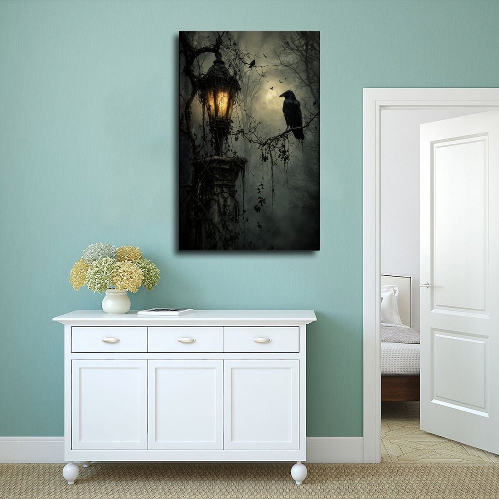 raven perched beside a glowing antique lantern in charcoal, black, amber tones — Wrapped Canvas SCENE_02