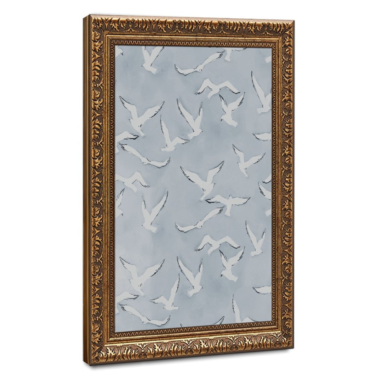 flock of white birds in flight in minimalist animal art style — Vintage Gold Frame HERO
