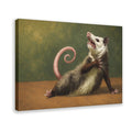 hissing opossum with a curled pink tail in olive green, brown, cream tones — Wrapped Canvas HERO