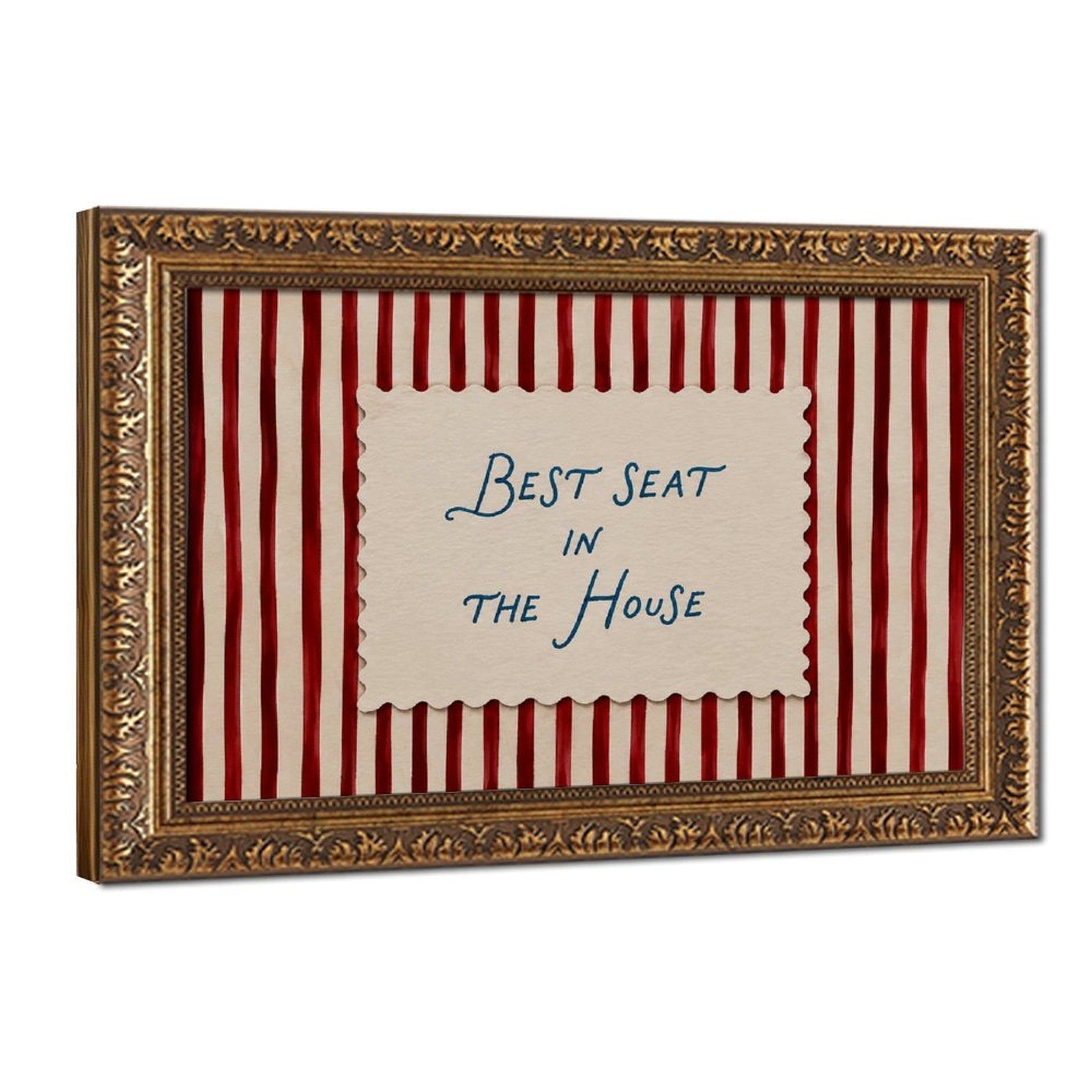 blue handwritten phrase on red striped background in red, cream, blue tones — Vintage Gold Frame HERO
