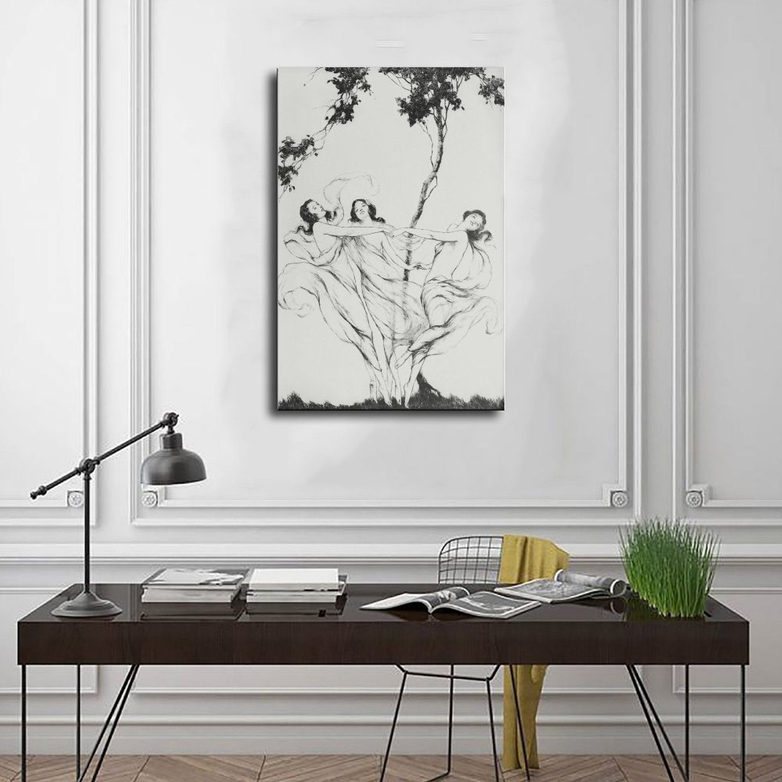 classical human figures beneath trees in classical line art style — Wrapped Canvas SCENE_01